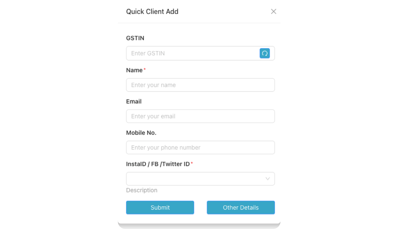 Quick Client Add form