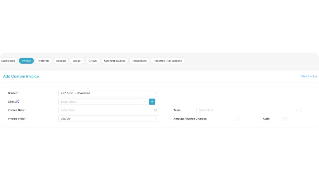 Add Custom Invoice form with Branch, Client, Invoice Date fields