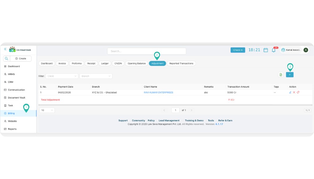 Billing module with Adjustment tab selected and adjustment list with Plus icon