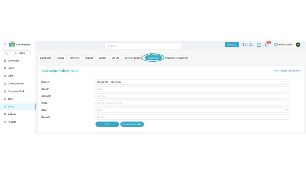 Add Ledger Adjustment form with Branch, Client, Amount, Cr/Dr, Date, Remark