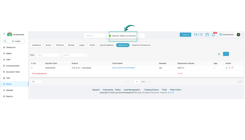 Payment Added successfully message and adjustment entries table