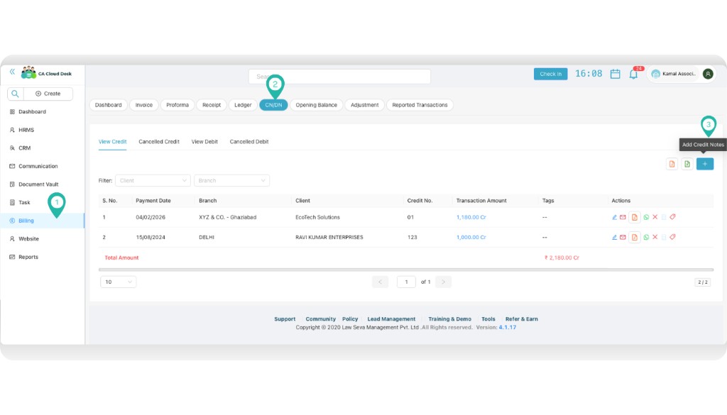 Billing module with CN/DN tab and Add Credit Notes button