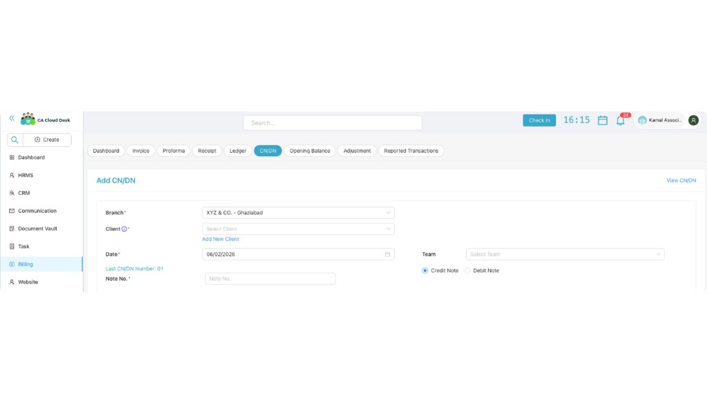 Add CN/DN form with Branch, Client, Date, Note Type fields