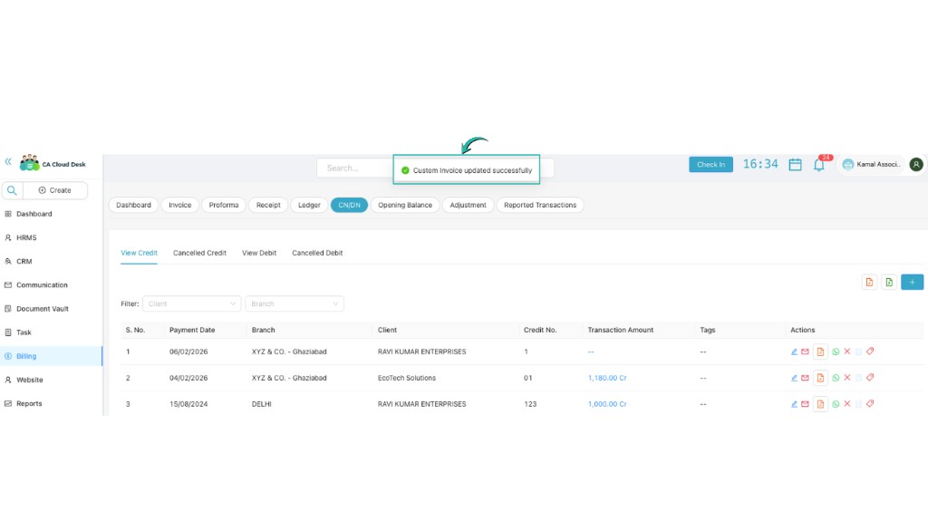 CN/DN list with success message and actions (view, email, WhatsApp, download)