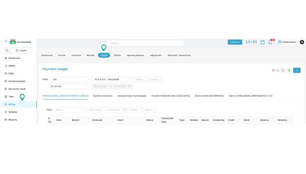Billing module with Ledger tab selected in CA Cloud Desk