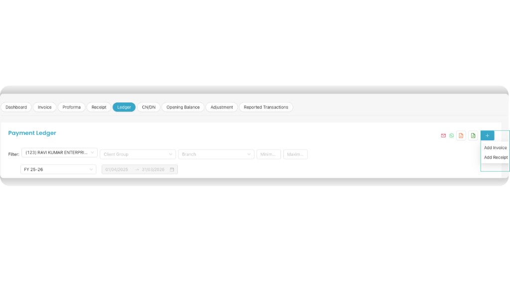 Payment Ledger filters: Client, Client Group, Branch, Amount Range, Financial Year, Date Range