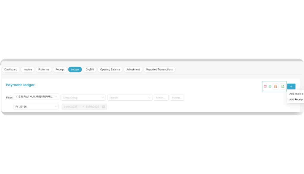 Plus icon with Add Invoice and Add Receipt options