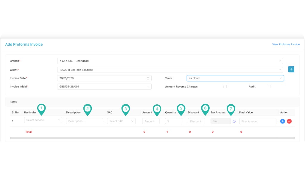 Proforma invoice items table