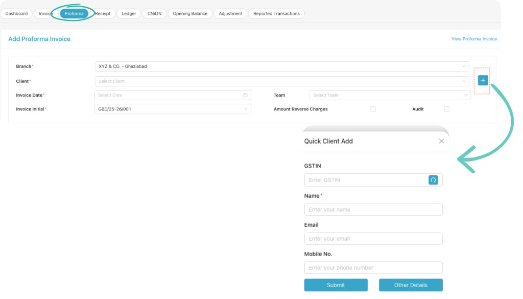 Add Proforma Invoice form with Quick Client Add