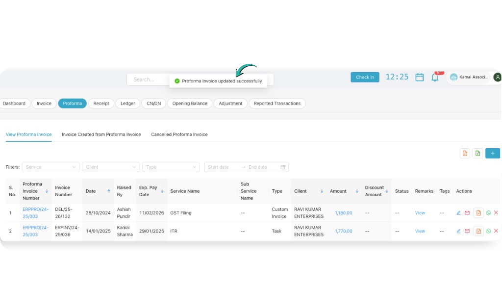 Proforma list with actions