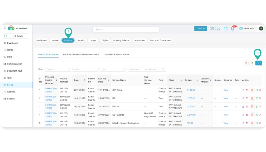 Proforma invoice list view
