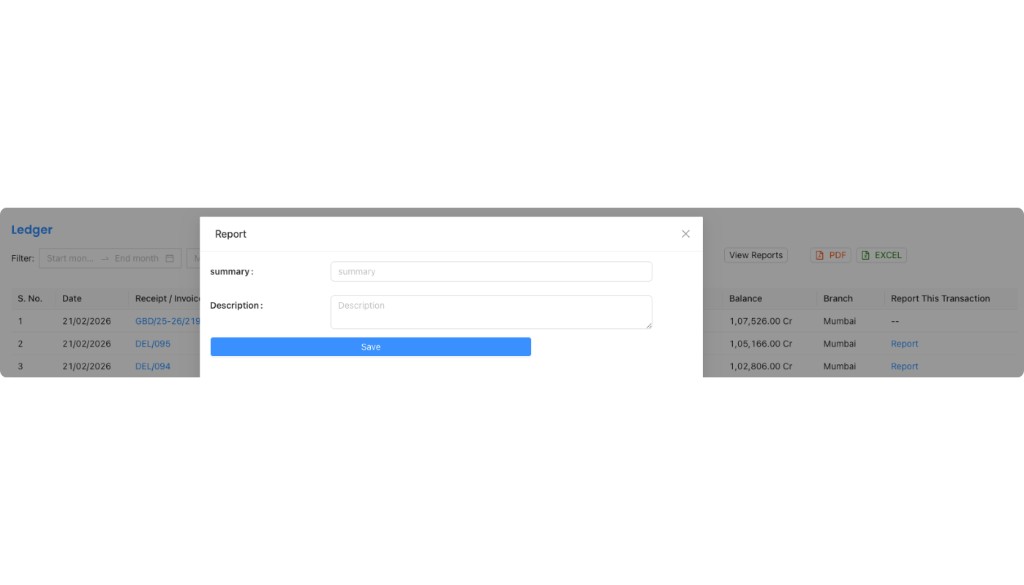 Report modal with Summary and Description fields and Save button