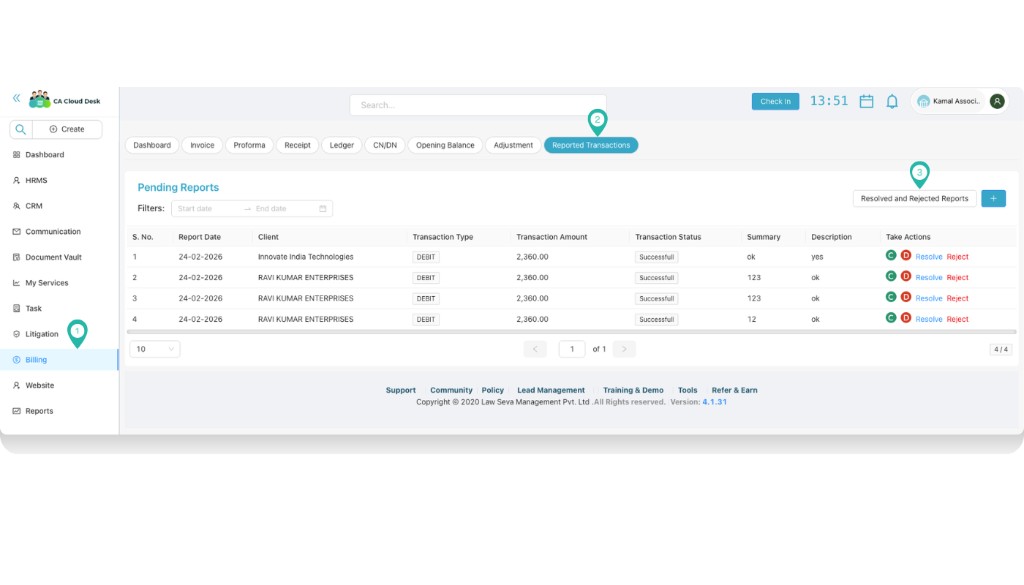 Billing module with Reported Transactions tab and Pending Reports
