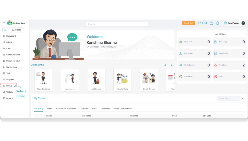 PartnerDesk dashboard with Billing highlighted in the left menu