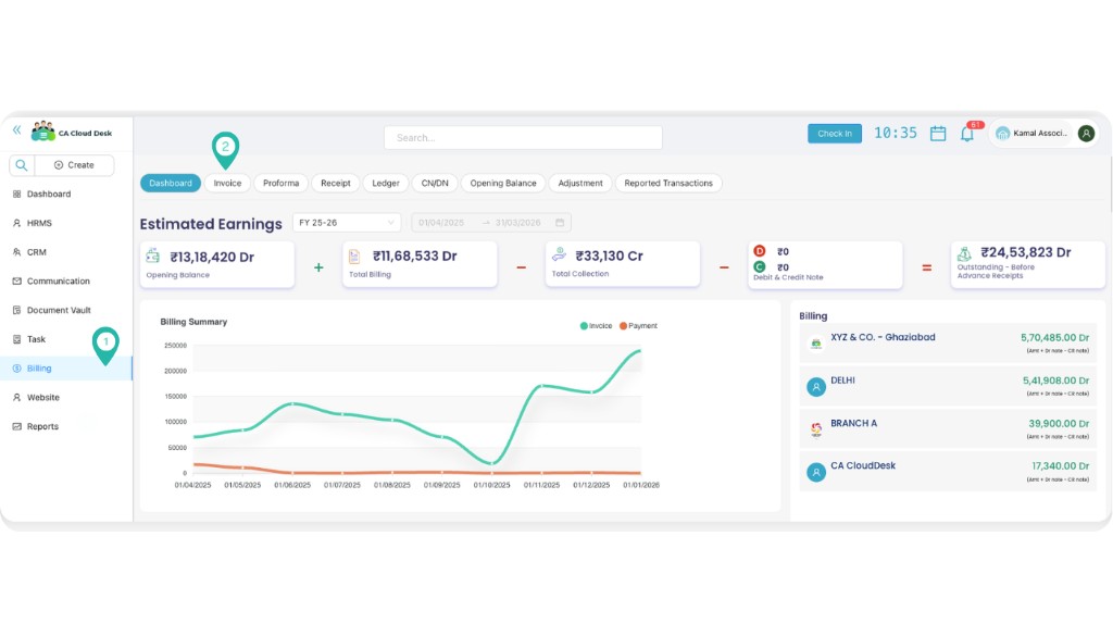 CA Cloud Desk Billing Dashboard with Estimated Earnings and Invoice tab