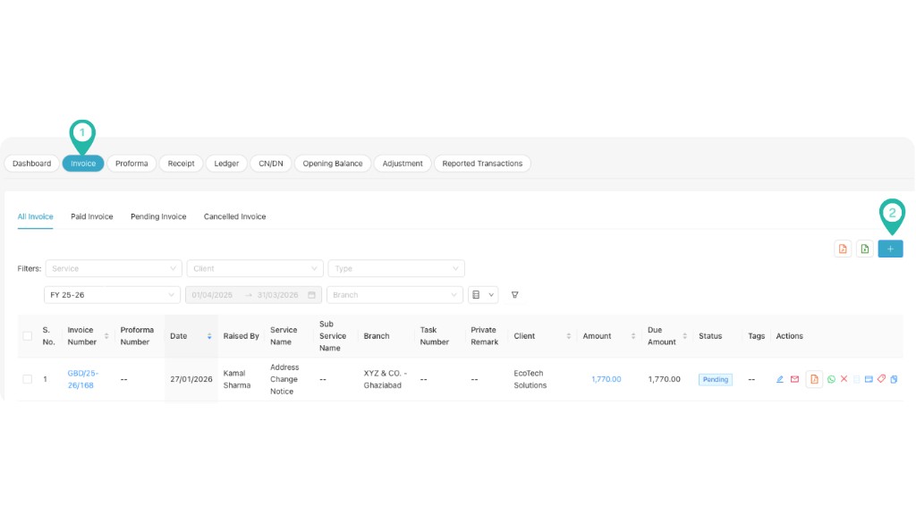 Invoice list with filters, status tabs, and Actions column