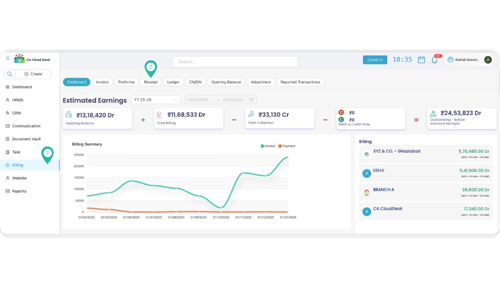 Billing module with Receipt tab in navigation