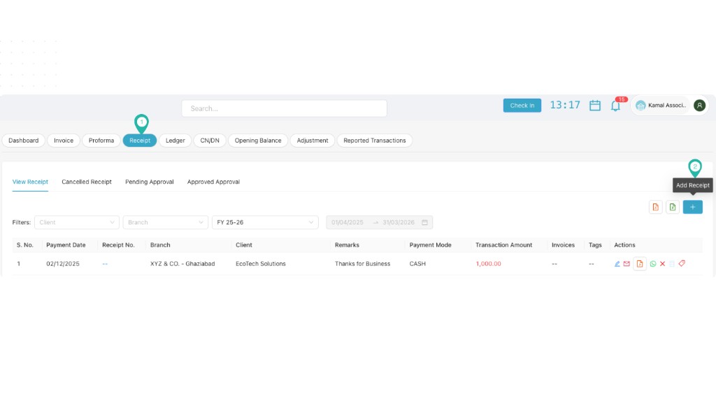 Receipt list with Add Receipt plus button