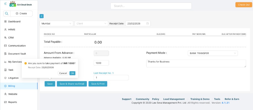 Confirmation popup for receipt payment
