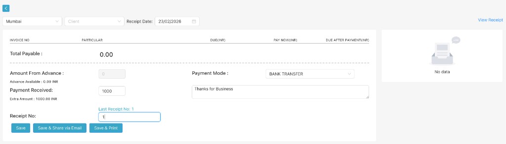 Receipt form with Amount From Advance, Payment Received, Payment Mode fields