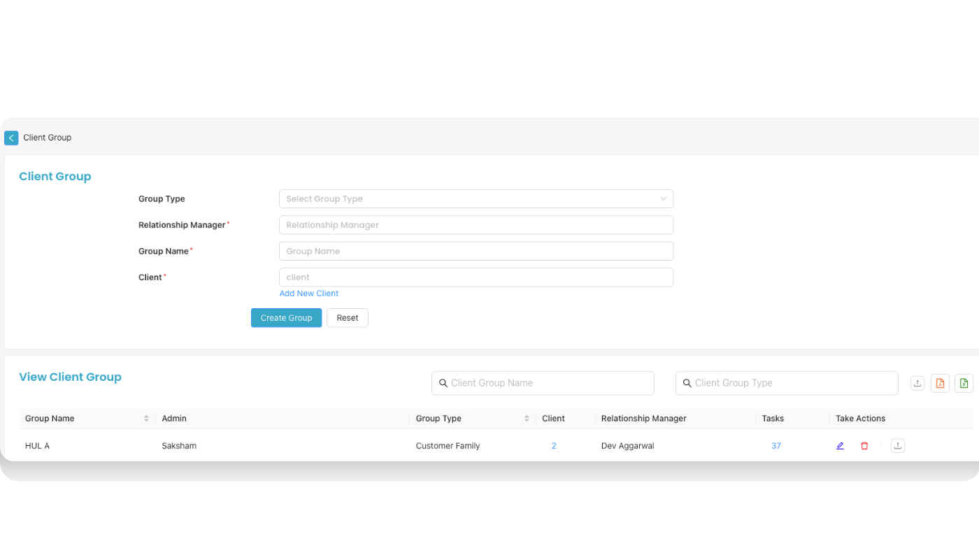 Client Group creation screen with form and list