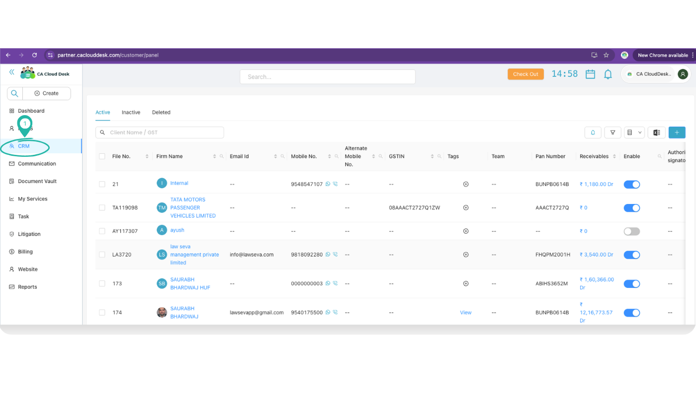 View Client Service tab listing services, frequency and created by