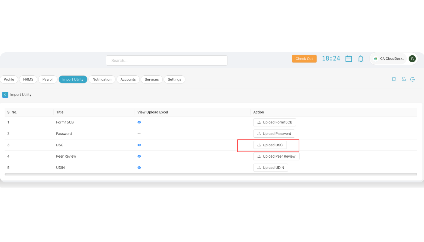 Import Utility list with Upload DSC option highlighted