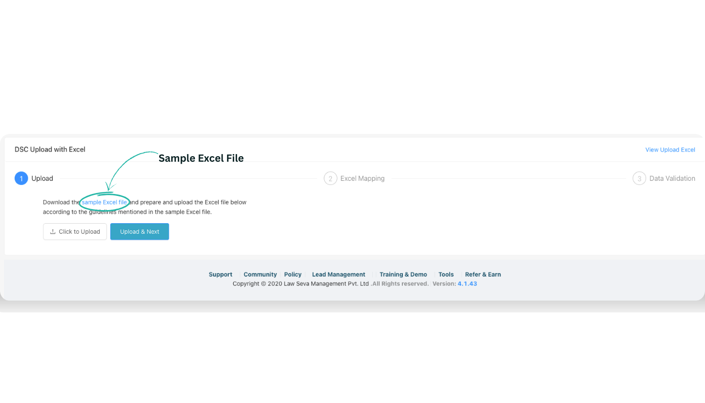 Upload tab highlighting the sample Excel file link