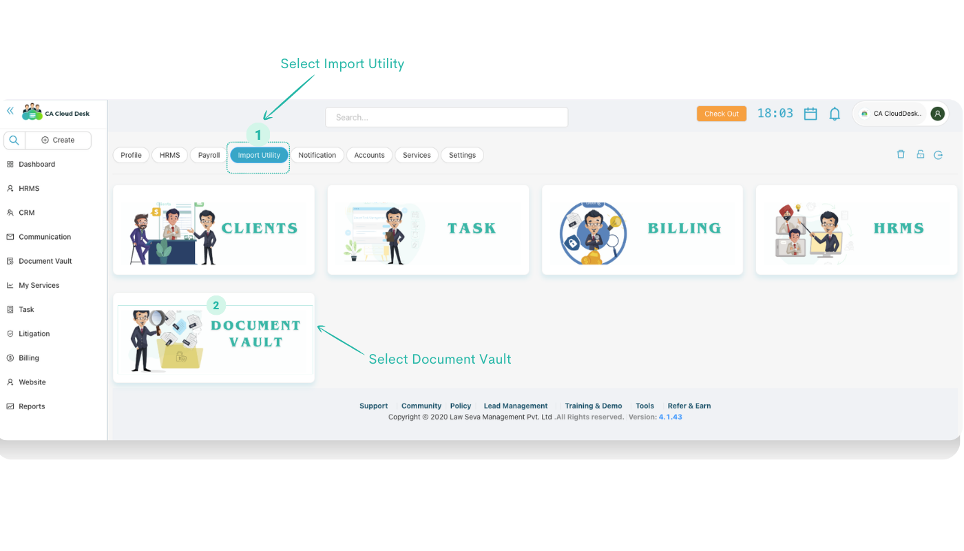 Settings Import Utility tab with Document Vault tile highlighted