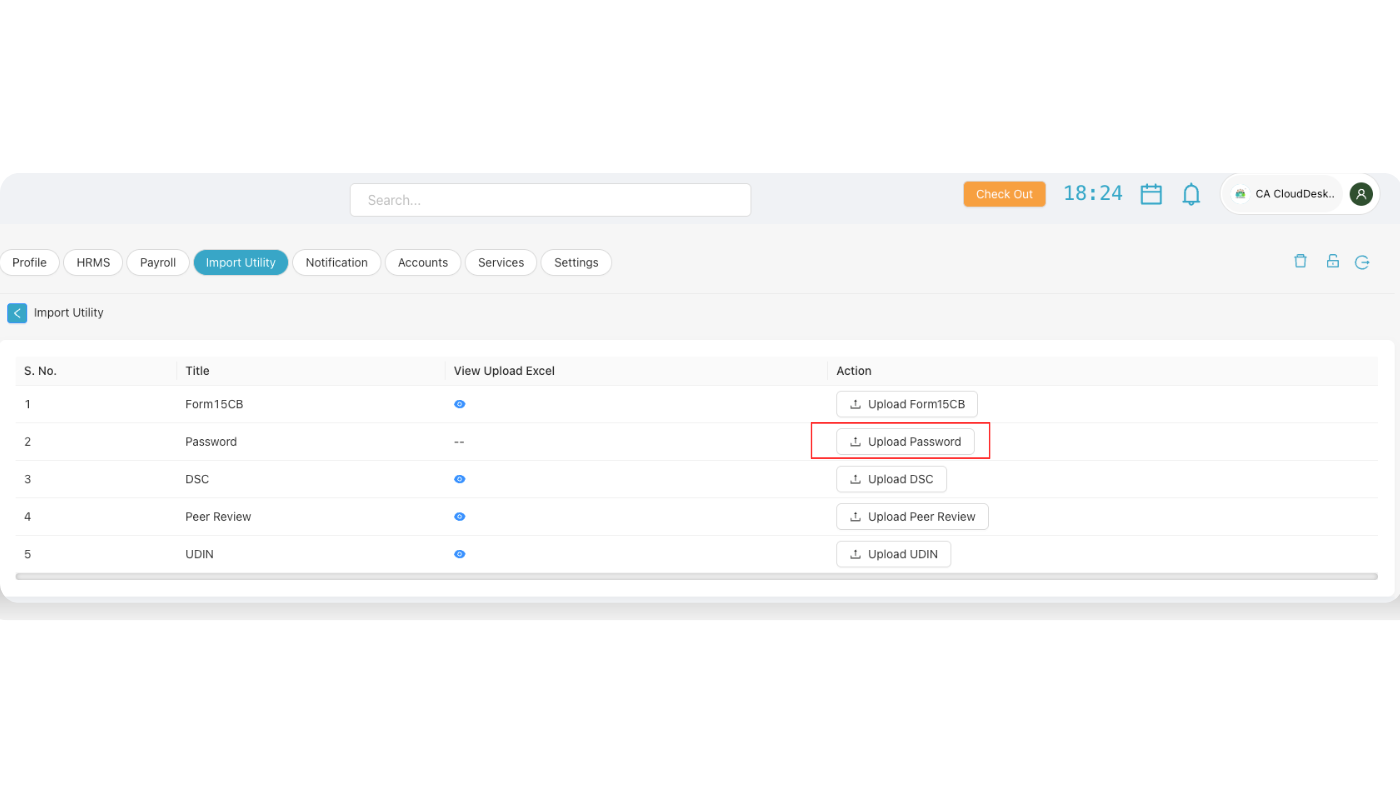Import Utility list showing Upload Password option