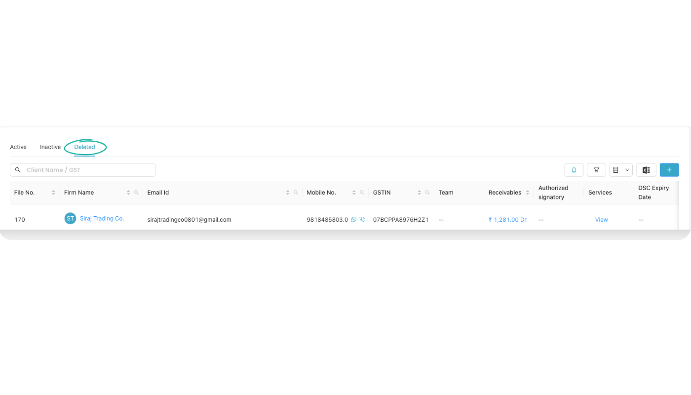 View Client Ledger tab with invoice, credit, debit and balance details