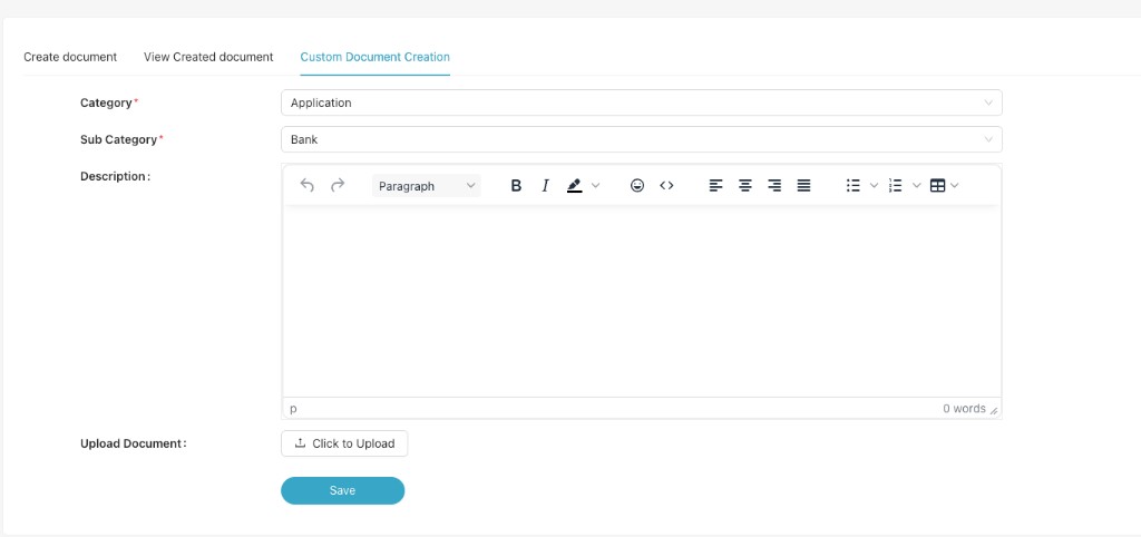 Custom Document Creation tab with category, sub category, description, upload document and save button