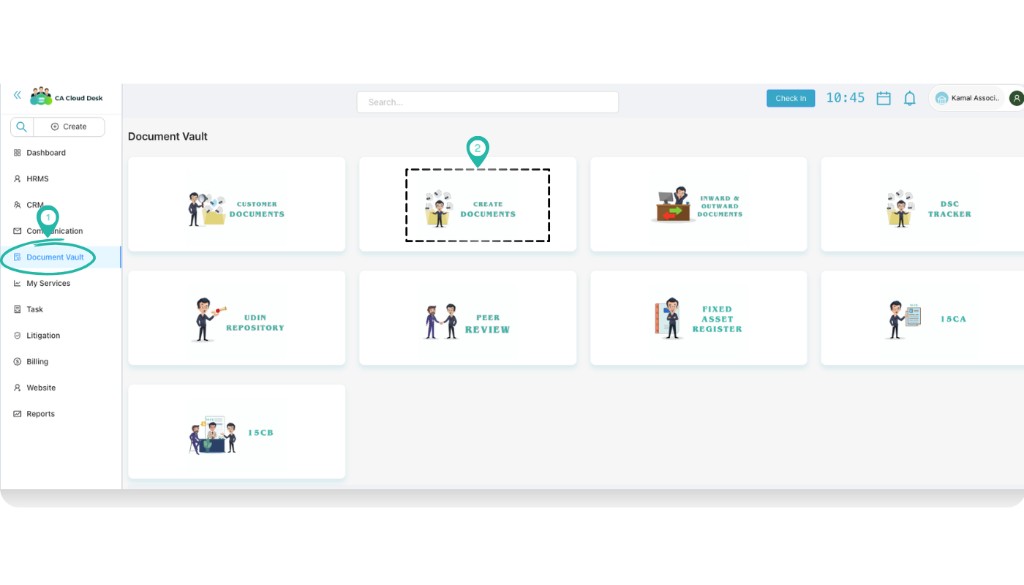 Document Vault screen with Create Documents card highlighted