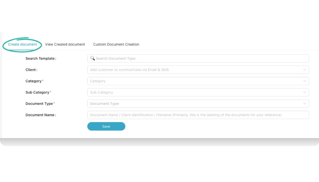 Create document tab with basic fields like client, category, sub category, document type, and document name