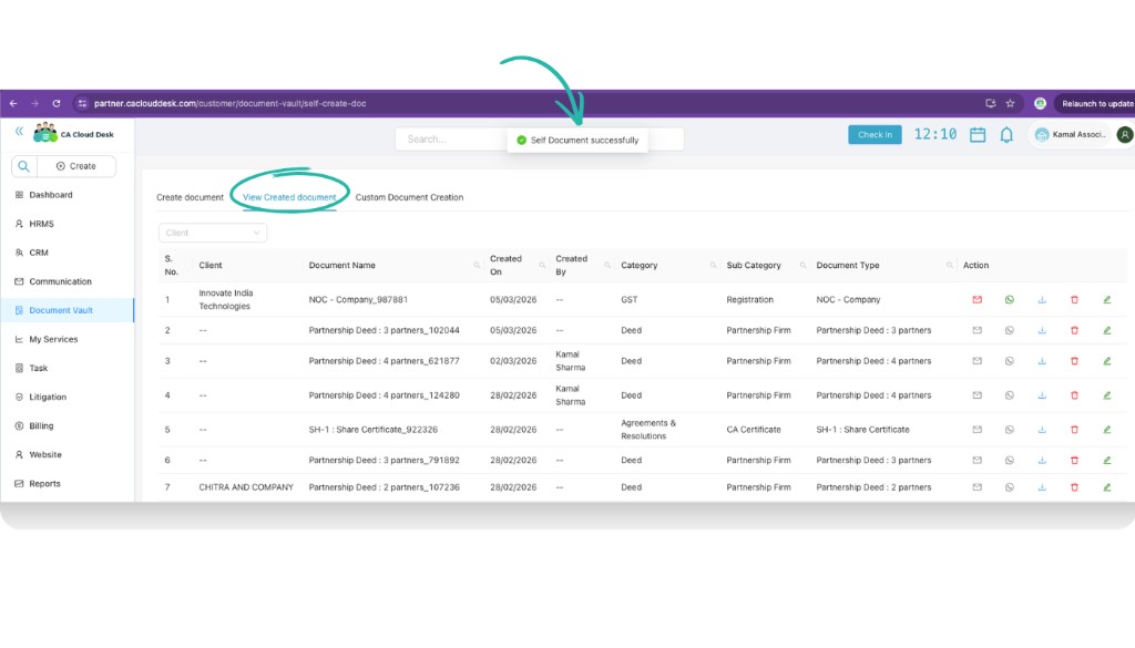 View created document tab showing list of generated documents with action icons to send, download, edit, and delete