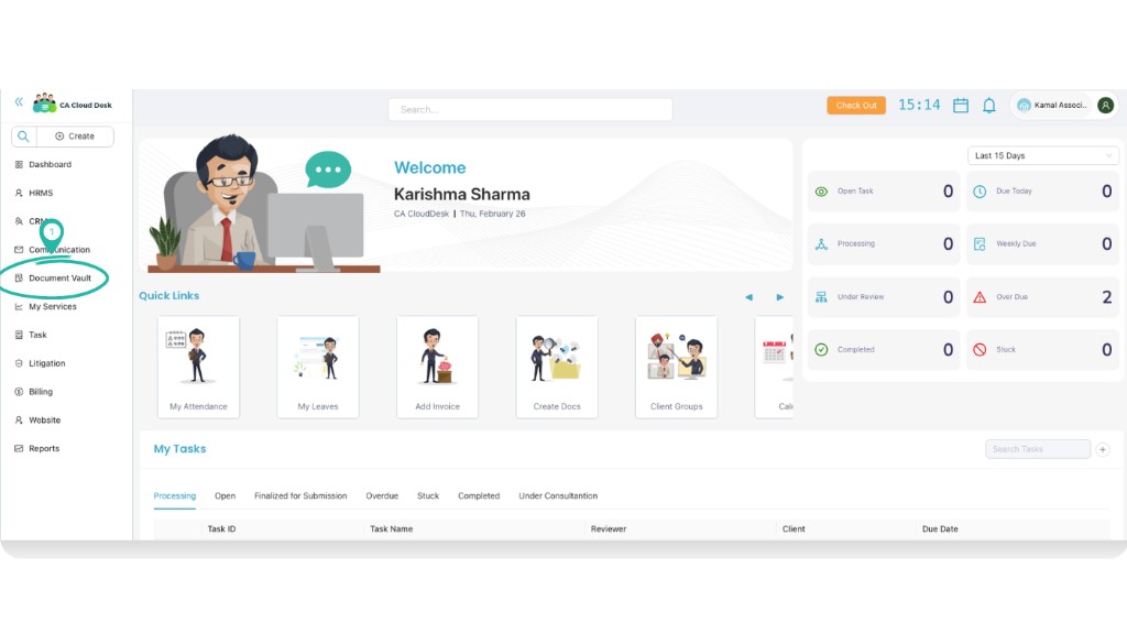 Dashboard with Document Vault highlighted in the left panel