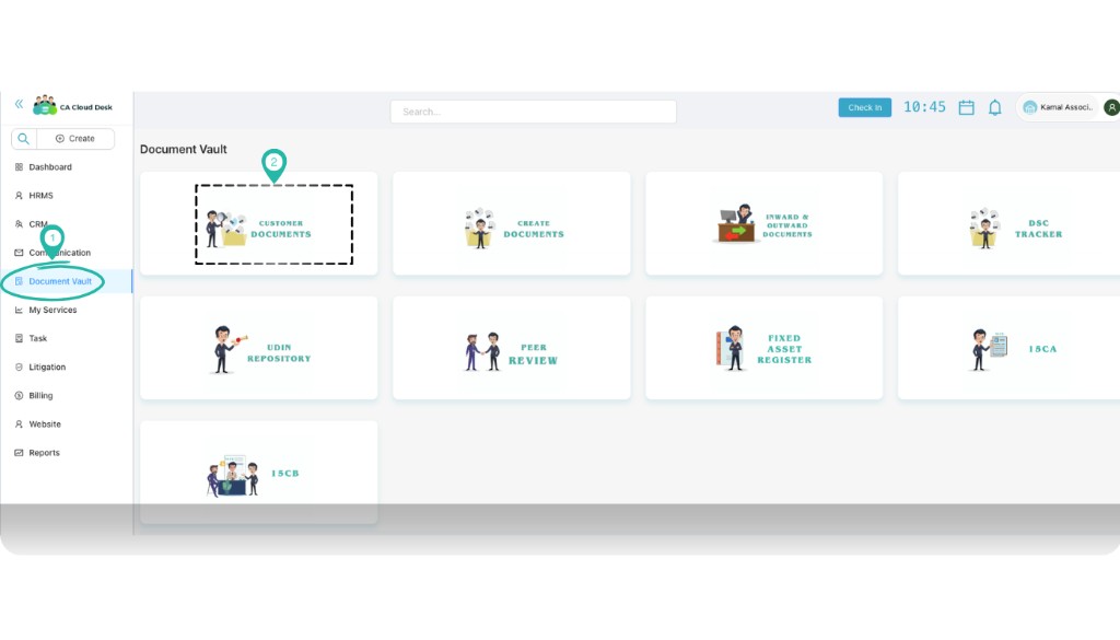 Document Vault options with Customer Documents card highlighted