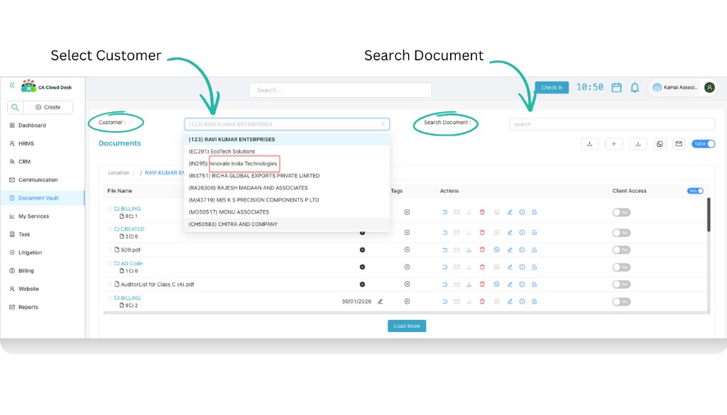 Customer Document screen with Customer dropdown and Search Document field, document list and Client Access column