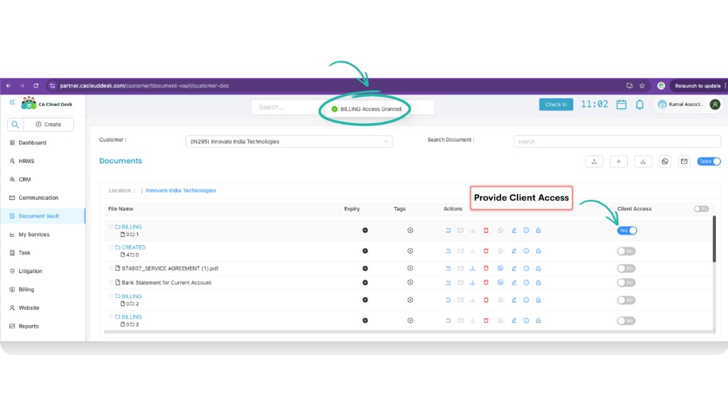 Client Access column with Yes toggle and Access Granted confirmation message