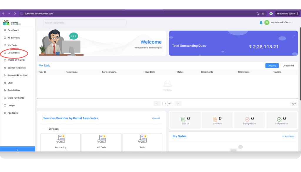 Customer portal dashboard with Documents highlighted in the left panel