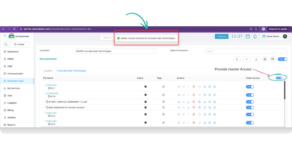 Provide master Access toggle set to Yes and Master Access Granted confirmation