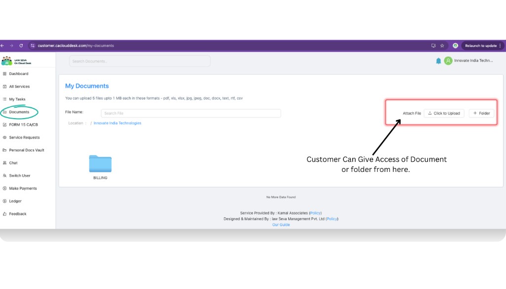 My Documents with Attach File, Click to Upload, and + Folder options for customer to share documents