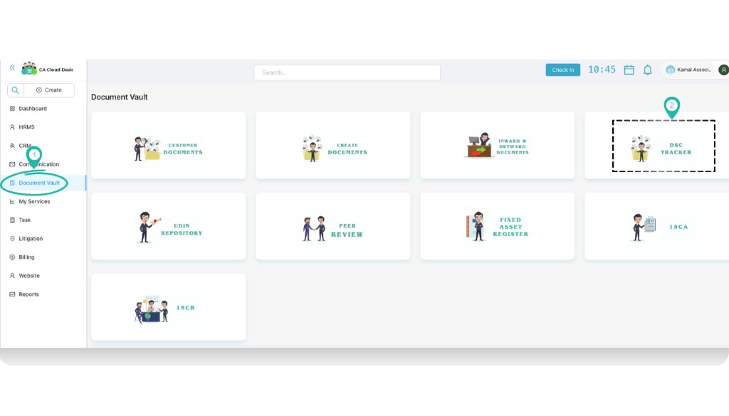 Document Vault screen with DSC Tracker card highlighted