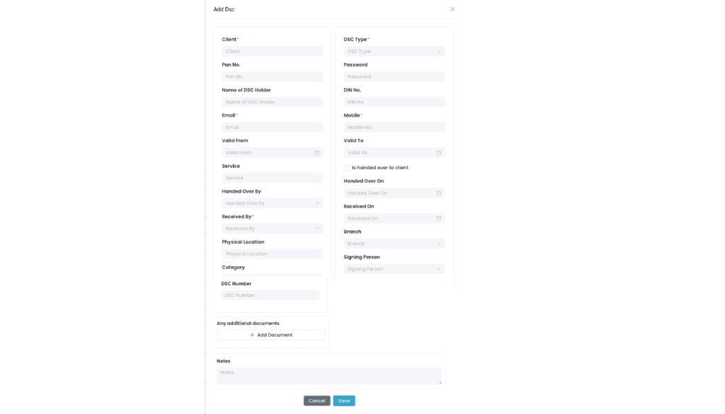 Add Dsc form with all DSC details fields