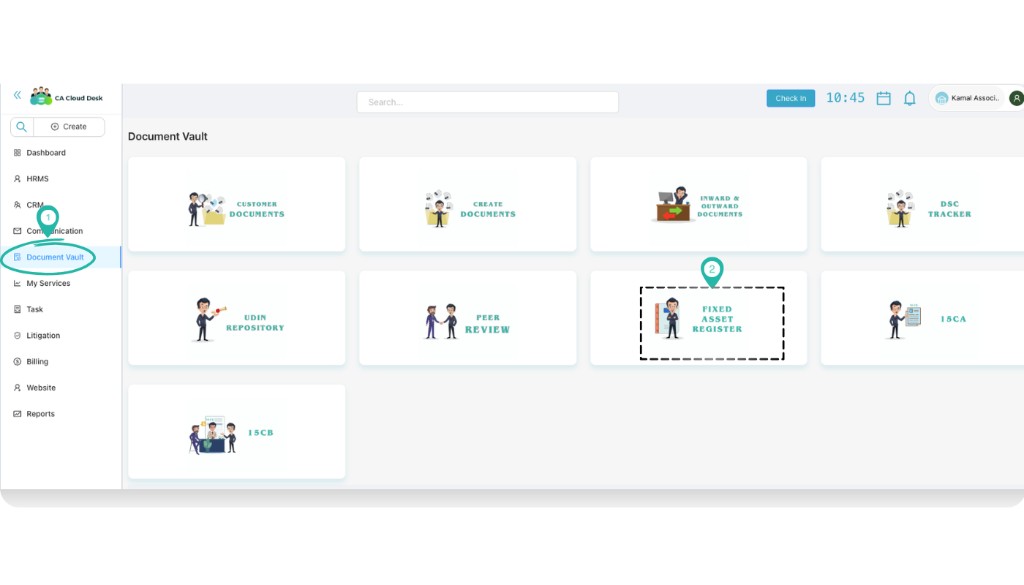 Document Vault screen with Fixed Asset Register option highlighted