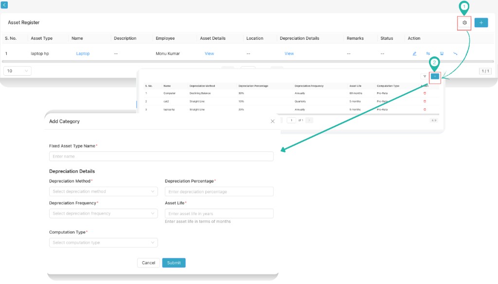 Fixed Asset Register screen showing settings icon and plus icon for Add Category