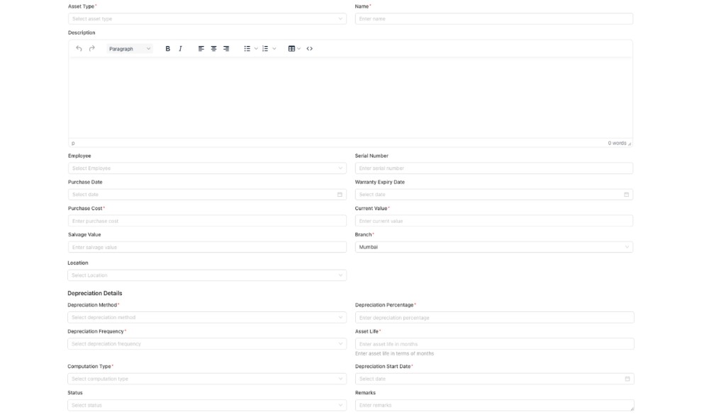 Register Asset form showing fields like asset type, name, description, employee, purchase details, branch, location, depreciation details and submit
