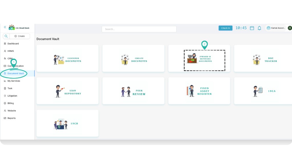 Document Vault screen with Inward & Outward Documents card highlighted
