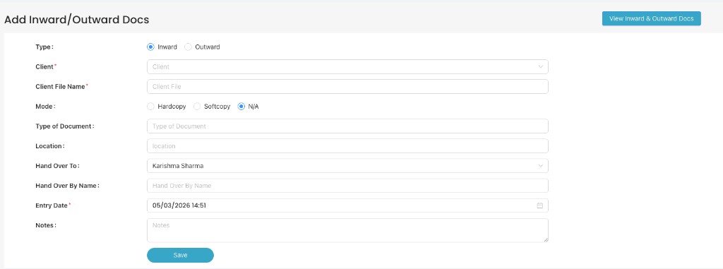 Add Inward/Outward Docs form with Type set to Inward and fields for client, file name, mode, location and notes