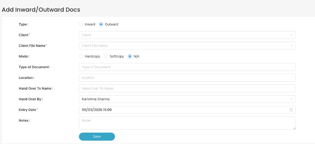 Add Inward/Outward Docs form with Type set to Outward and hand over details